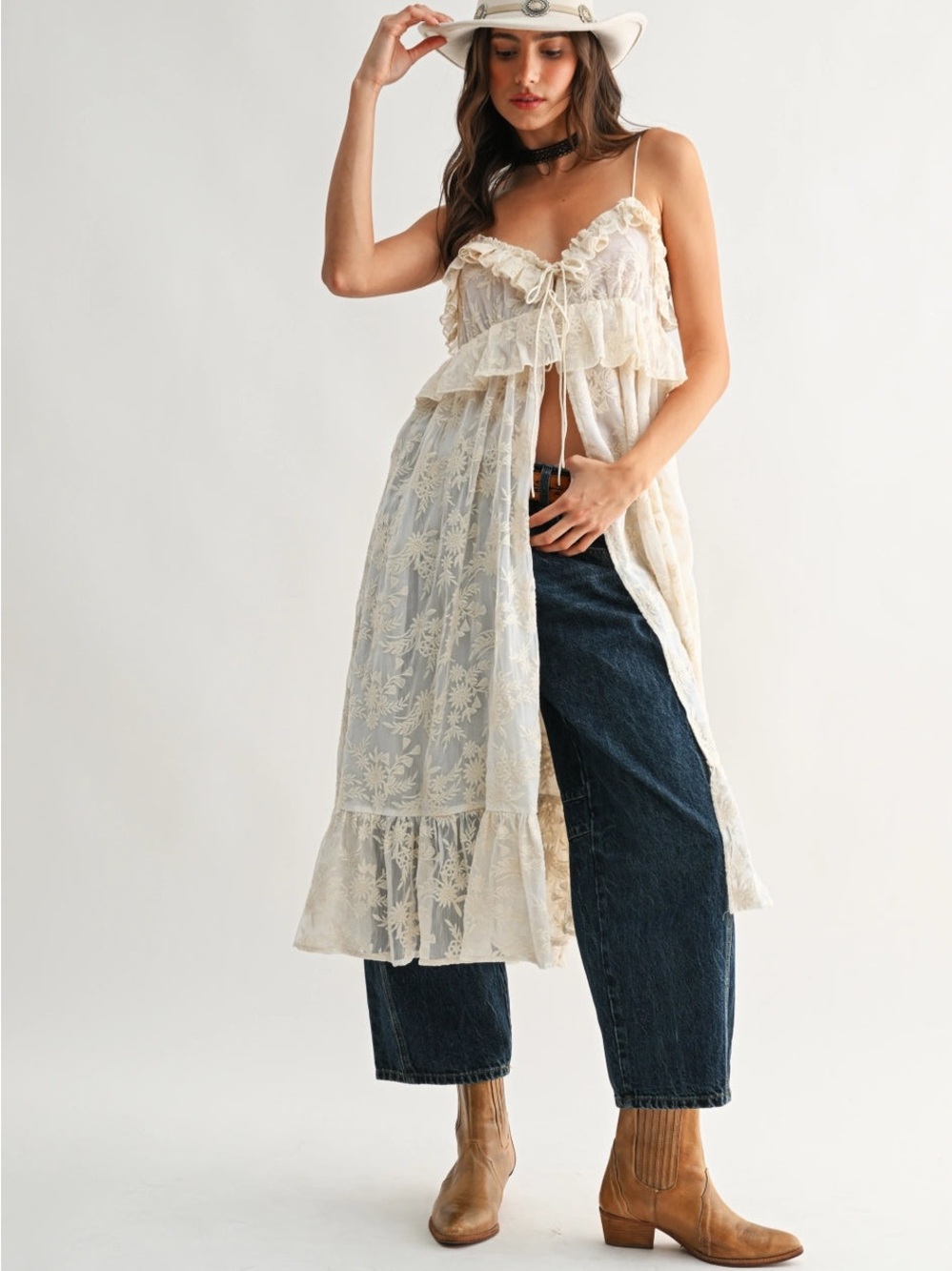 Lace Ruffle Cream Maxi Tank Top
